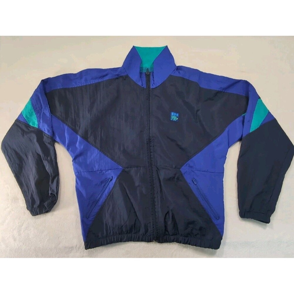 Vintage Insport Windbreaker Jacket 100% Nylon Size Medium Blue Black 90s